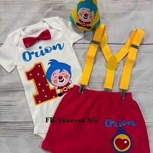 Plim Plim Baby Outfit with Yellow Suspenders and hat. New